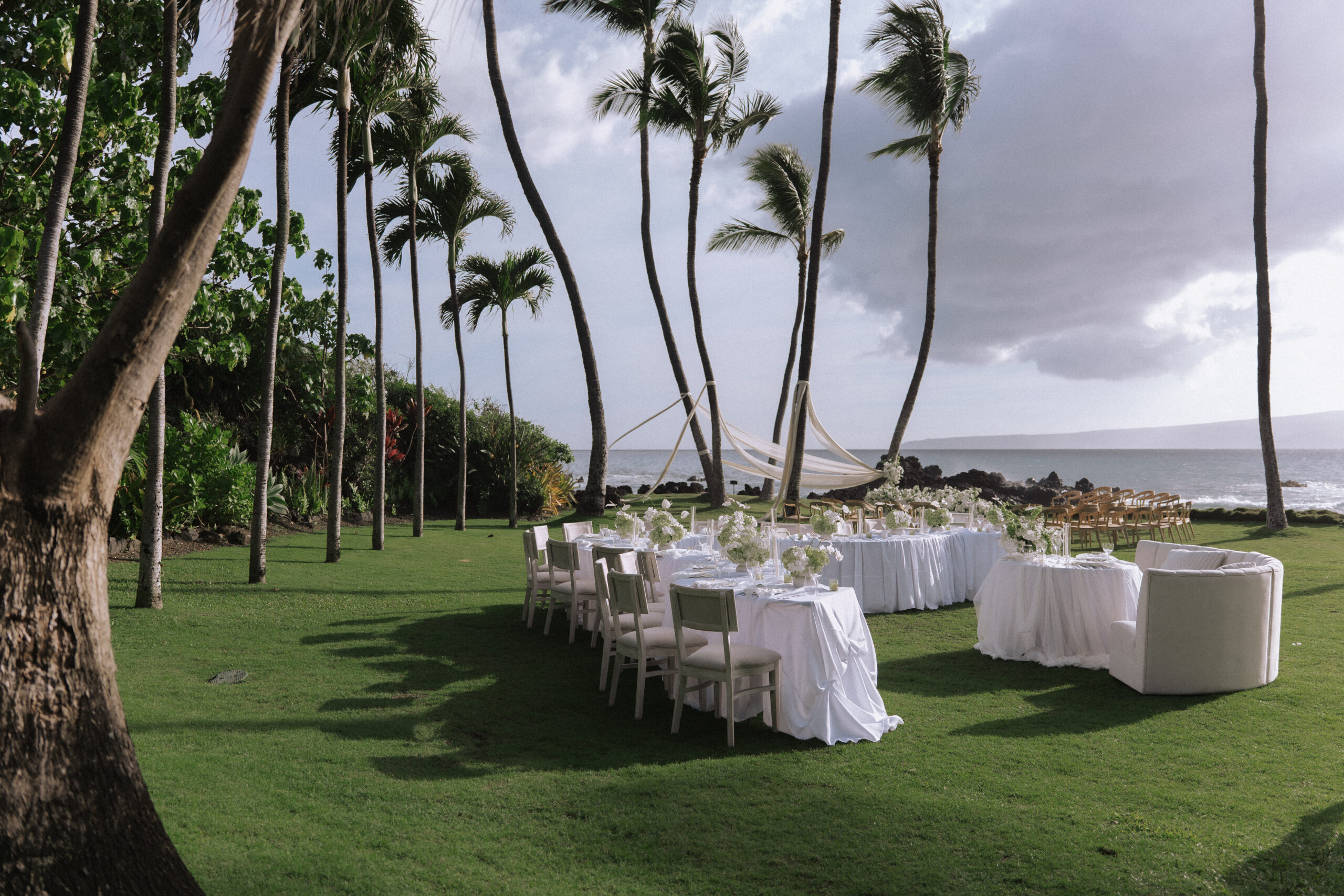 White Orchid Beach House wedding reception overlooking the ocean in Makena, Maui